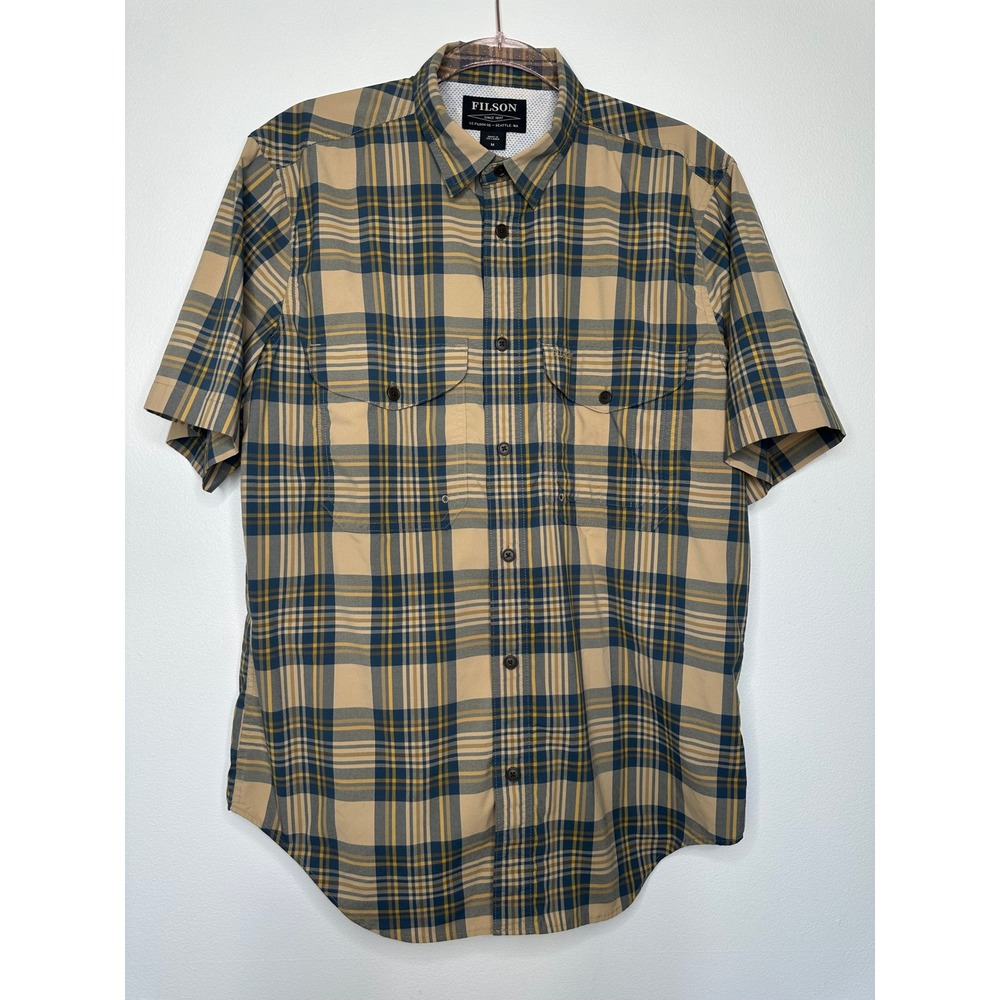 Filson Plaid Button‎ up Shirt Size M Gold Blue Vented
